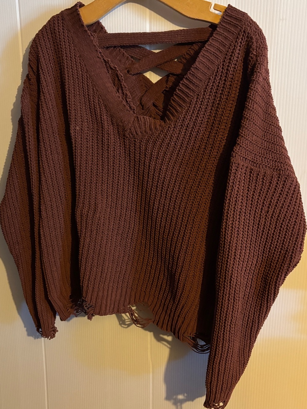 Derek Heart Brown Distressed V-Neck Sweater with Crisscross Back